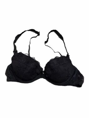 80s/90s European Vintage Embroidered Floral Lace Push-Up Bra Black Size 32C